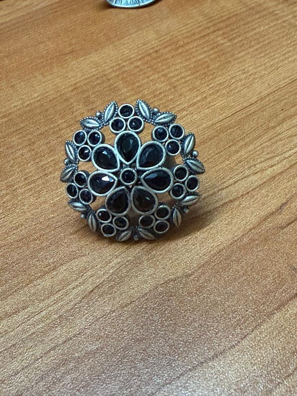 Adjustable German silver ring with black ad stone