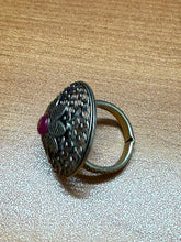 Adjustable German silver ring with red ad stone